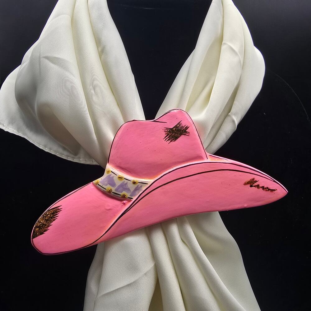 Pink Cowboy Had Scarf Charm Scarf Slide Ring Clip Hand Painted Wood